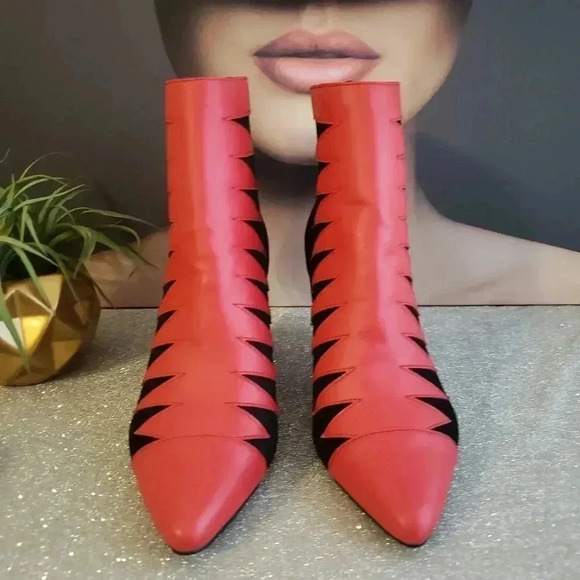 Ashro Red and Black Zig Zag Greccia Bootie Boots - Picture 2 of 9